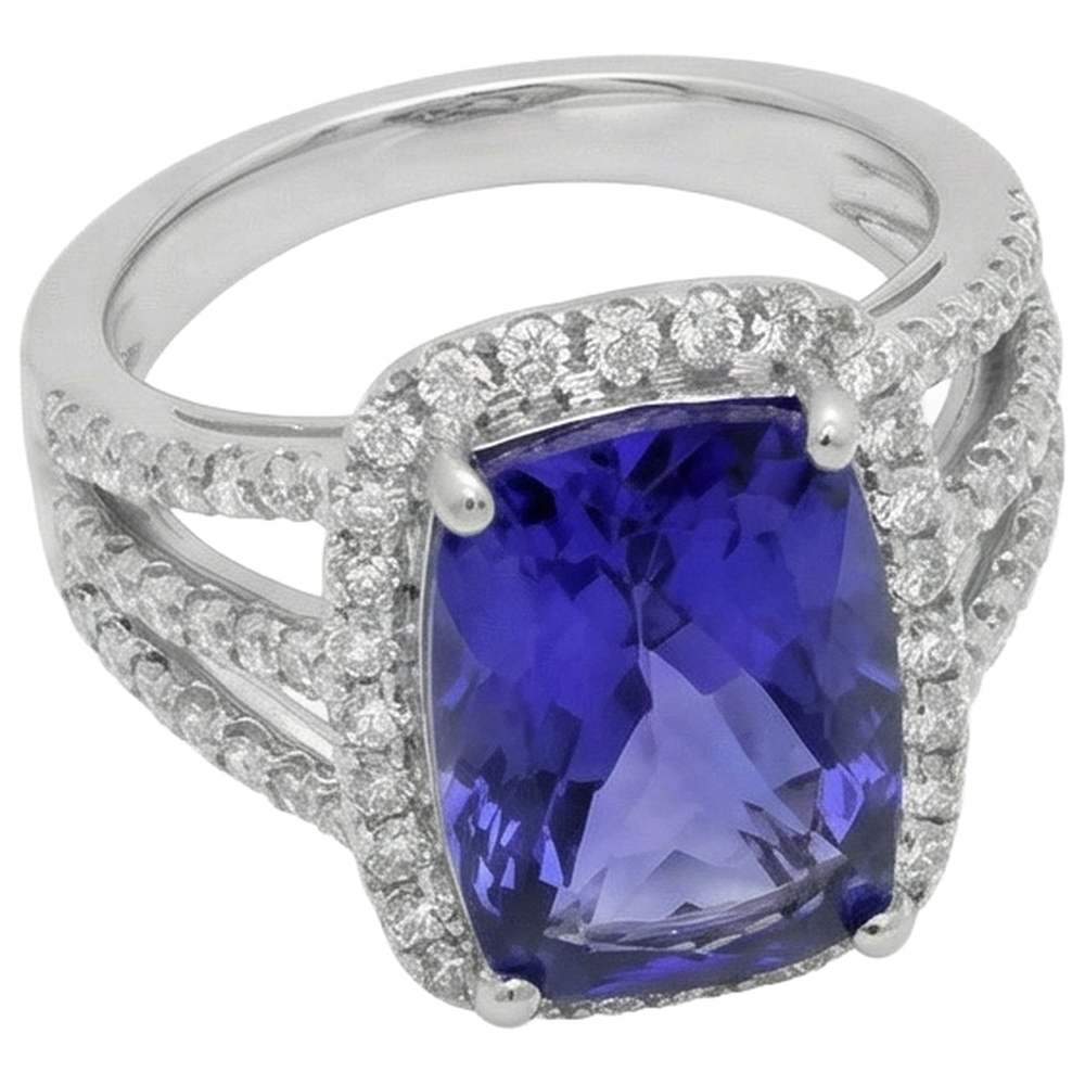 6.55 Carats Fancy Ring Cushion AAA Tanzanite And Natural Earth Mined Diamonds Jewellery