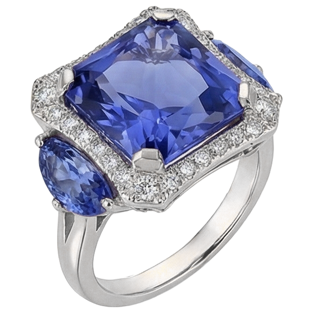 6.75 Carat Radiant Tanzanite And Round Natural Earth Mined DIAMOND ( NOT LAB GROWN )s Fancy Ring Gold