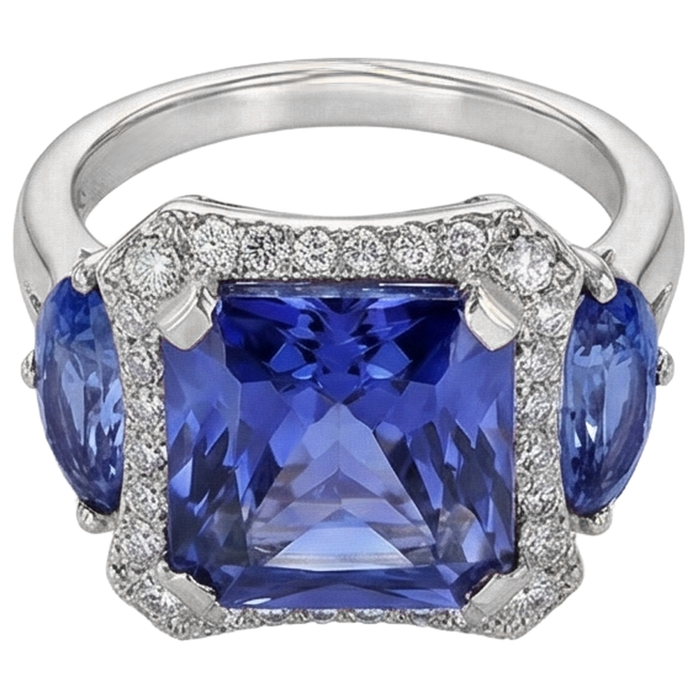 6.75 Carat Radiant Tanzanite And Round Natural Earth Mined DIAMOND ( NOT LAB GROWN )s Fancy Ring Gold