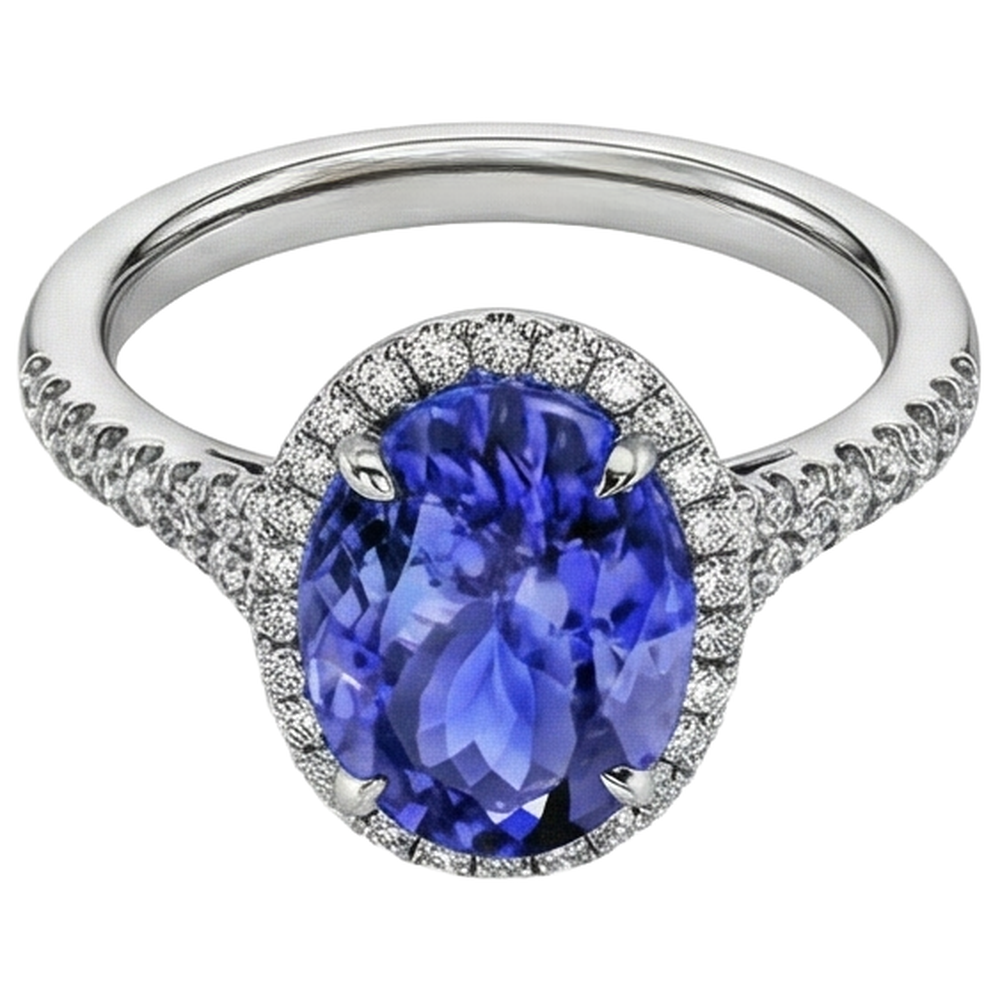 natural round tanzanite 6.85ct ring close up detail