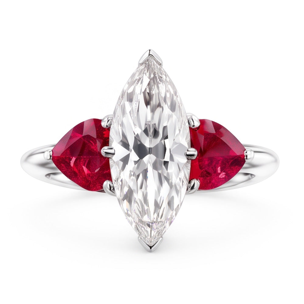 6 Carat Marquise Real Natural Earth Mined Diamond Ring With Rubies