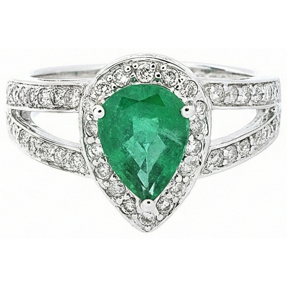 6 Carats Pear Green Emerald With Natural Earth Mined Diamond Wedding Ring White Gold 14K