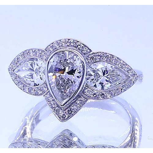 6 Carats Pear Real Diamond Anniversary Ring Vintage Style White Gold 14K