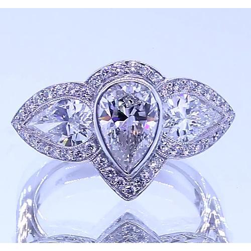 6 Carats Pear Real Diamond Anniversary Ring Vintage Style White Gold 14K