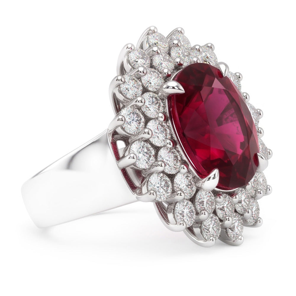 6 Carats Red Oval Cut Tourmaline And Natural Earth Mined Diamond Anniversary Ring