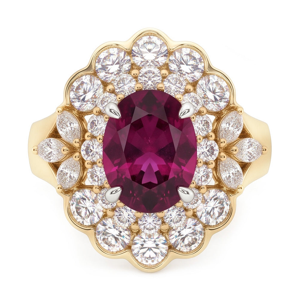 6 Carats Red Oval Cut Tourmaline And Natural Earth Mined Diamond Wedding Ring