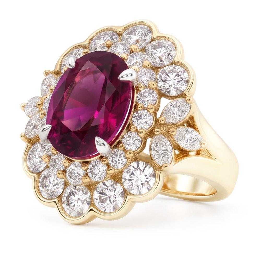 6 Carats Red Oval Cut Tourmaline And Natural Earth Mined Diamond Wedding Ring