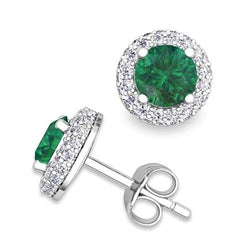 6 Carats Round Cut Emerald & Diamonds Studs Halo Earrings White Gold