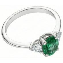 6 Carats Three Stone Green Emerald And Natural Earth Mined Diamonds Ring 14K White Gold