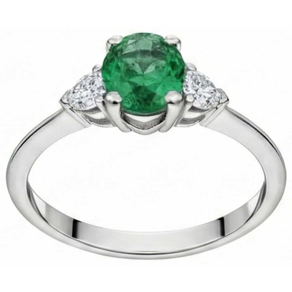 6 Carats Three Stone Green Emerald And Natural Earth Mined Diamonds Ring 14K White Gold