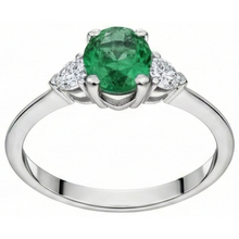 6 Carats Three Stone Green Emerald And Natural Earth Mined Diamonds Ring 14K White Gold