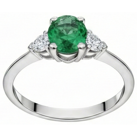 6 Carats Three Stone Green Emerald And Natural Earth Mined Diamonds Ring 14K White Gold