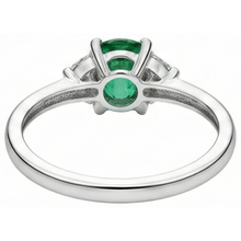 6 Carats Three Stone Green Emerald And Natural Earth Mined Diamonds Ring 14K White Gold
