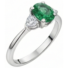 6 Carats Three Stone Green Emerald And Natural Earth Mined Diamonds Ring 14K White Gold