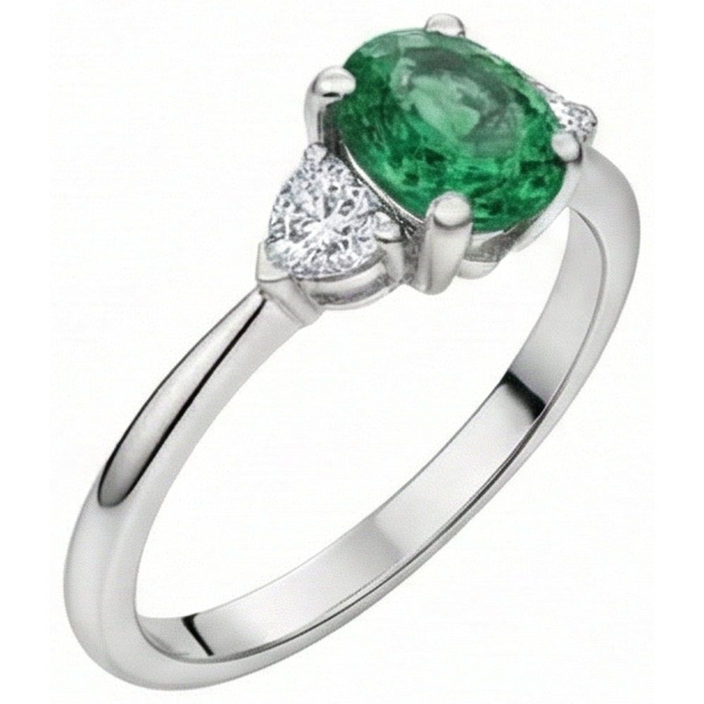 6 Carats Three Stone Green Emerald And Natural Earth Mined Diamonds Ring 14K White Gold