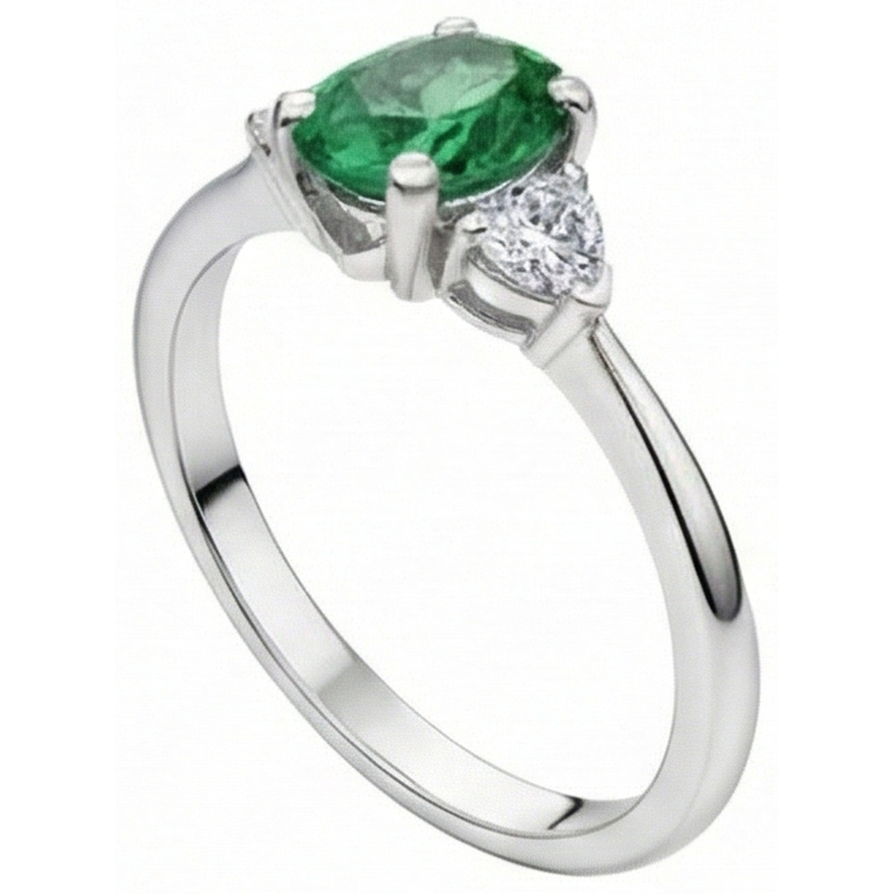 6 Carats Three Stone Green Emerald And Natural Earth Mined Diamonds Ring 14K White Gold