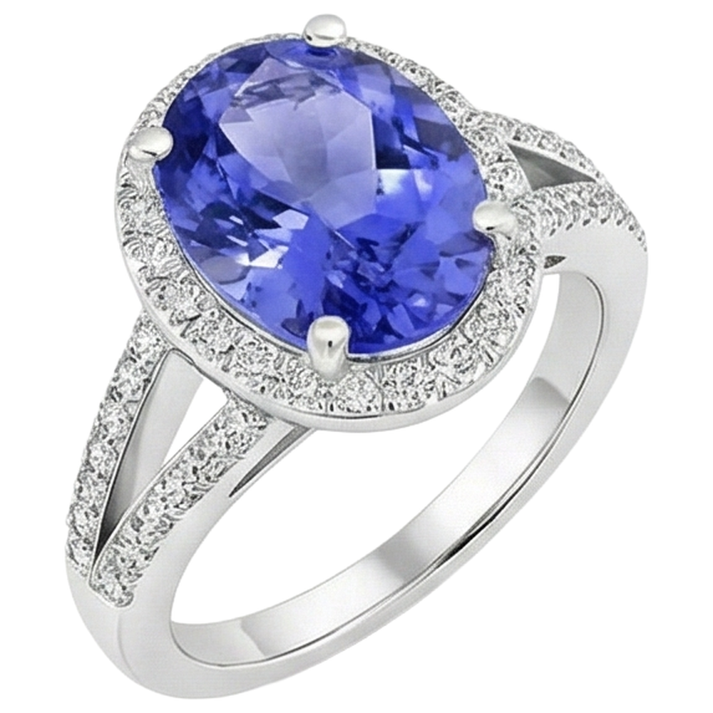6 Ct Halo Tanzanite With Natural Earth Mined Diamonds Ring White Gold 14K