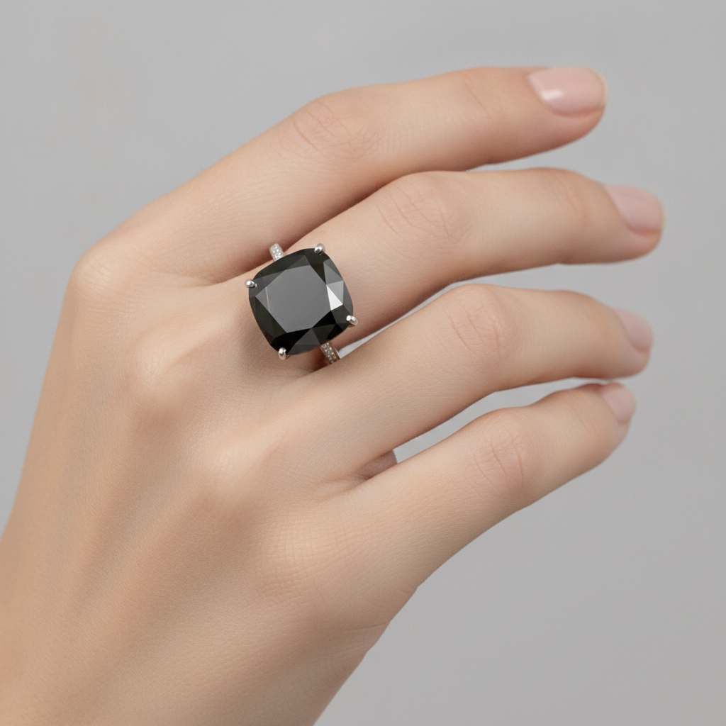 Black Diamond Jewellery 6 Carat Genuine Cushion Solitaire Ring 14K White Gold