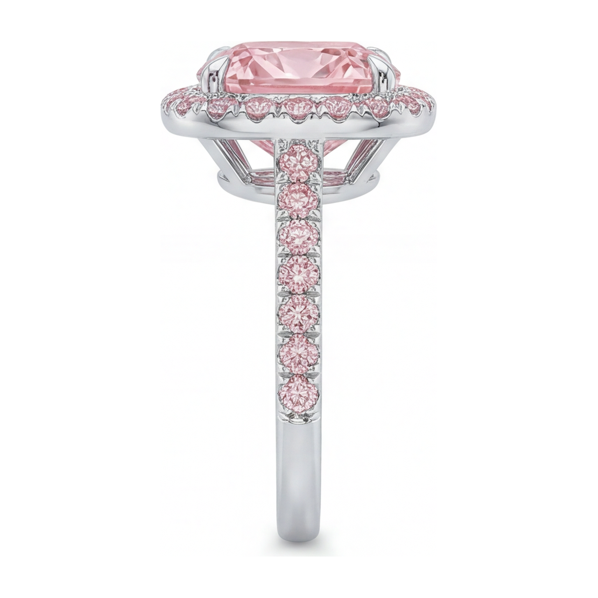 Lab Grown Pink Diamond Engagement Ring 6 Carat Cushion Halo Pave 14K White Gold