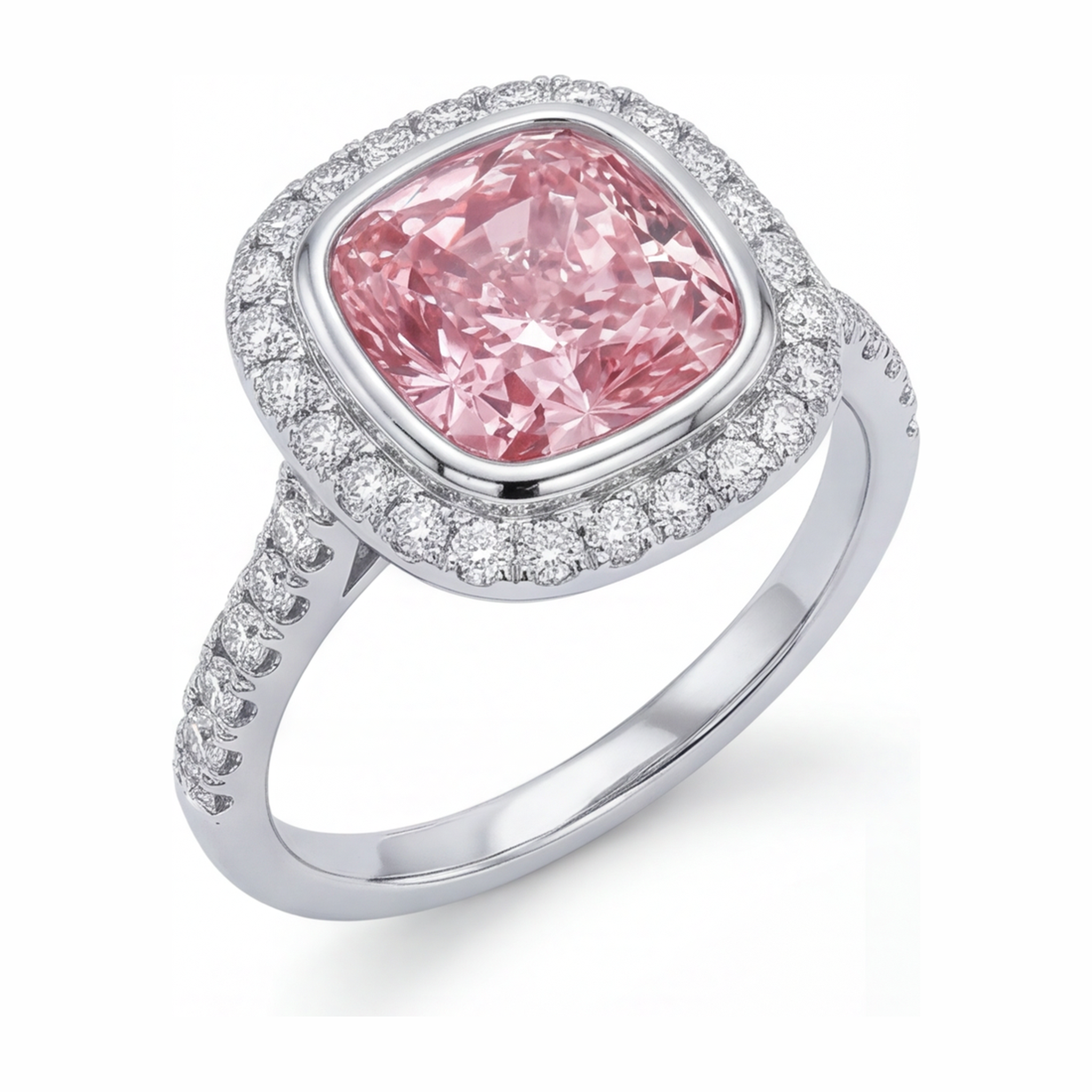 Pink Diamond Ring 6 Carat Lab Grown Cushion Halo Pave 14K White Gold