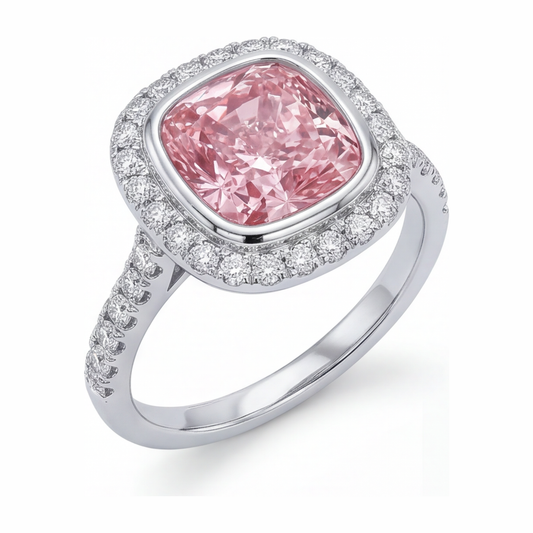Pink Diamond Ring 6 Carat Lab Grown Cushion Halo Pave 14K White Gold