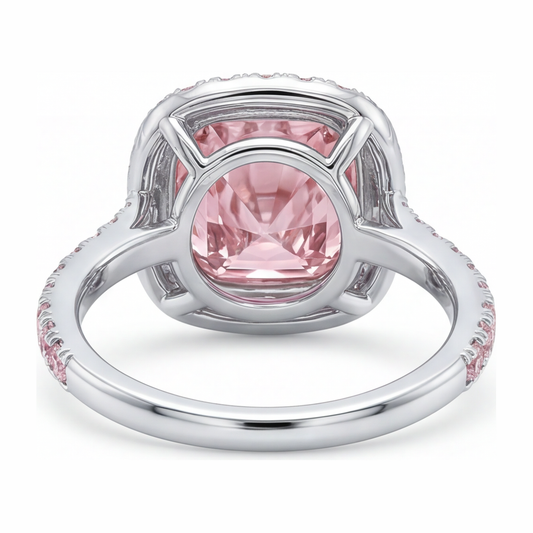 Lab Grown Pink Diamond Engagement Ring 6 Carat Cushion Halo Pave 14K White Gold