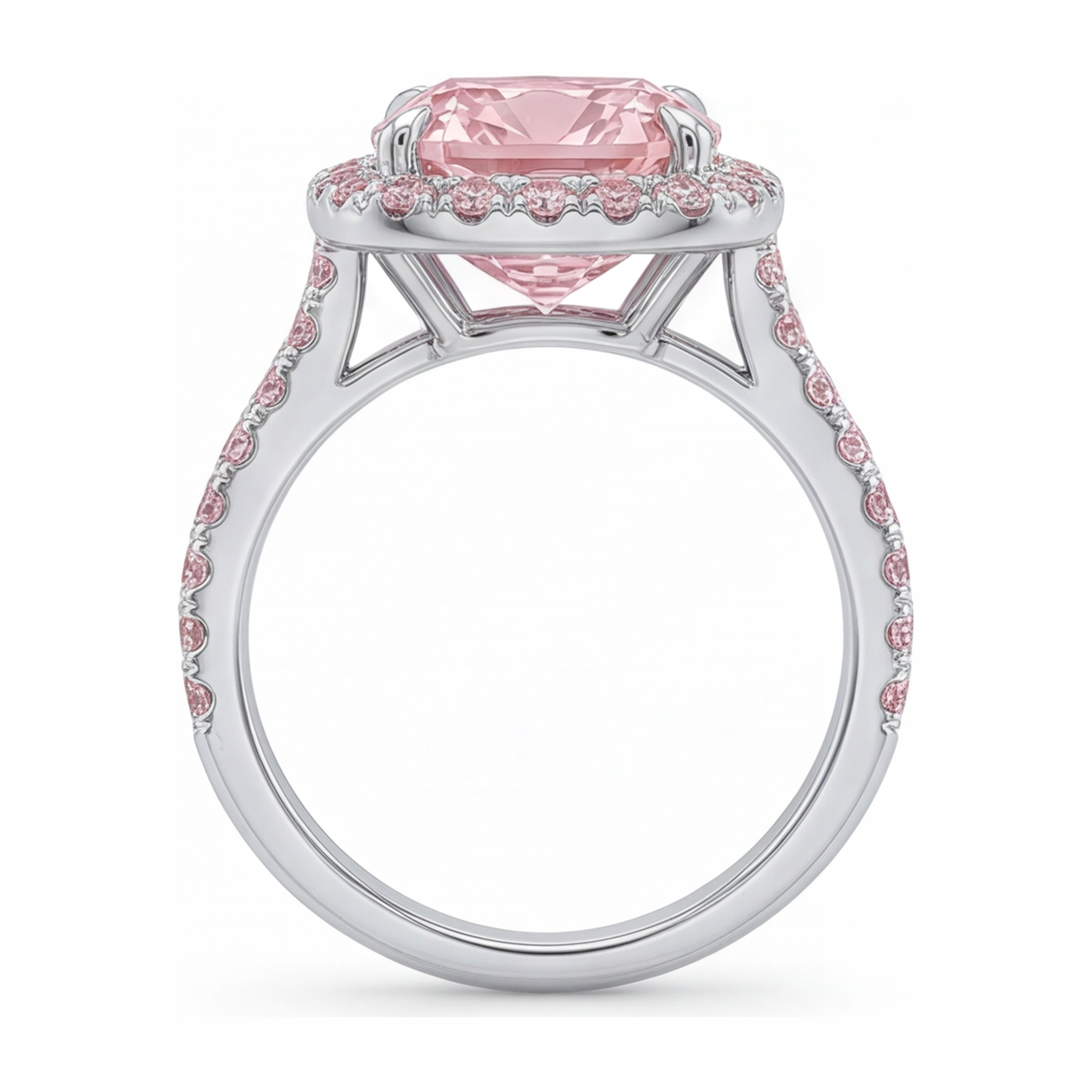 Lab Grown Pink Diamond Engagement Ring 6 Carat Cushion Halo Pave 14K White Gold