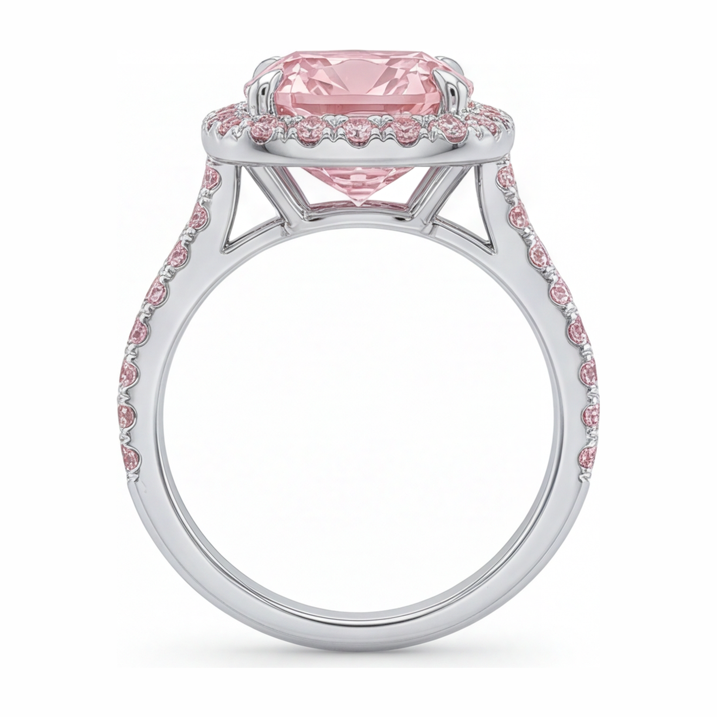 Lab Grown Pink Diamond Engagement Ring 6 Carat Cushion Halo Pave 14K White Gold