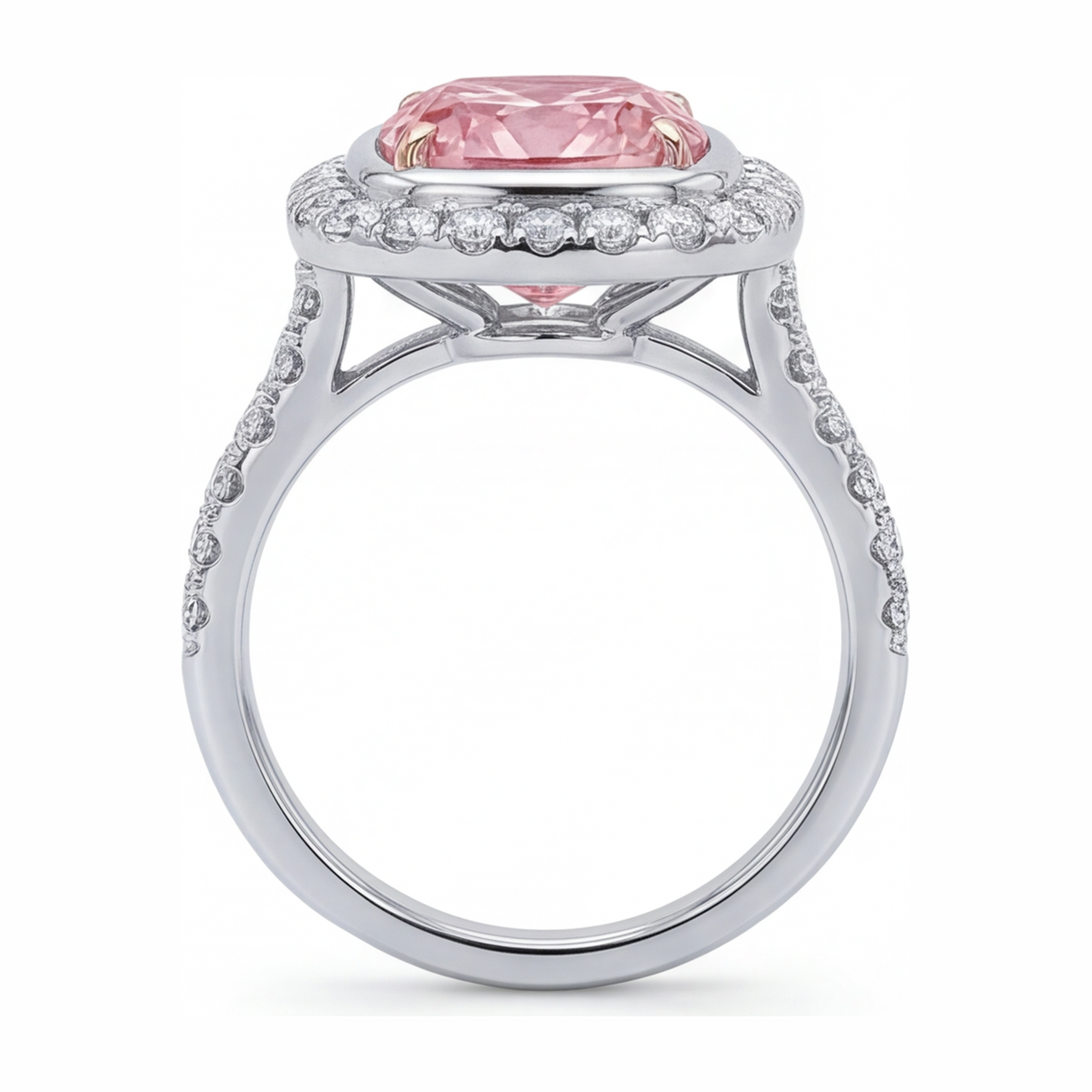 Pink Diamond Ring 6 Carat Lab Grown Cushion Halo Pave 14K White Gold