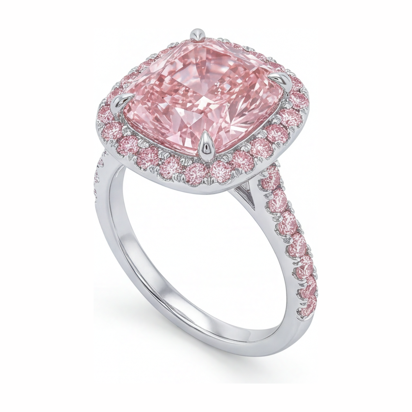 Lab Grown Pink Diamond Engagement Ring 6 Carat Cushion Halo Pave 14K White Gold