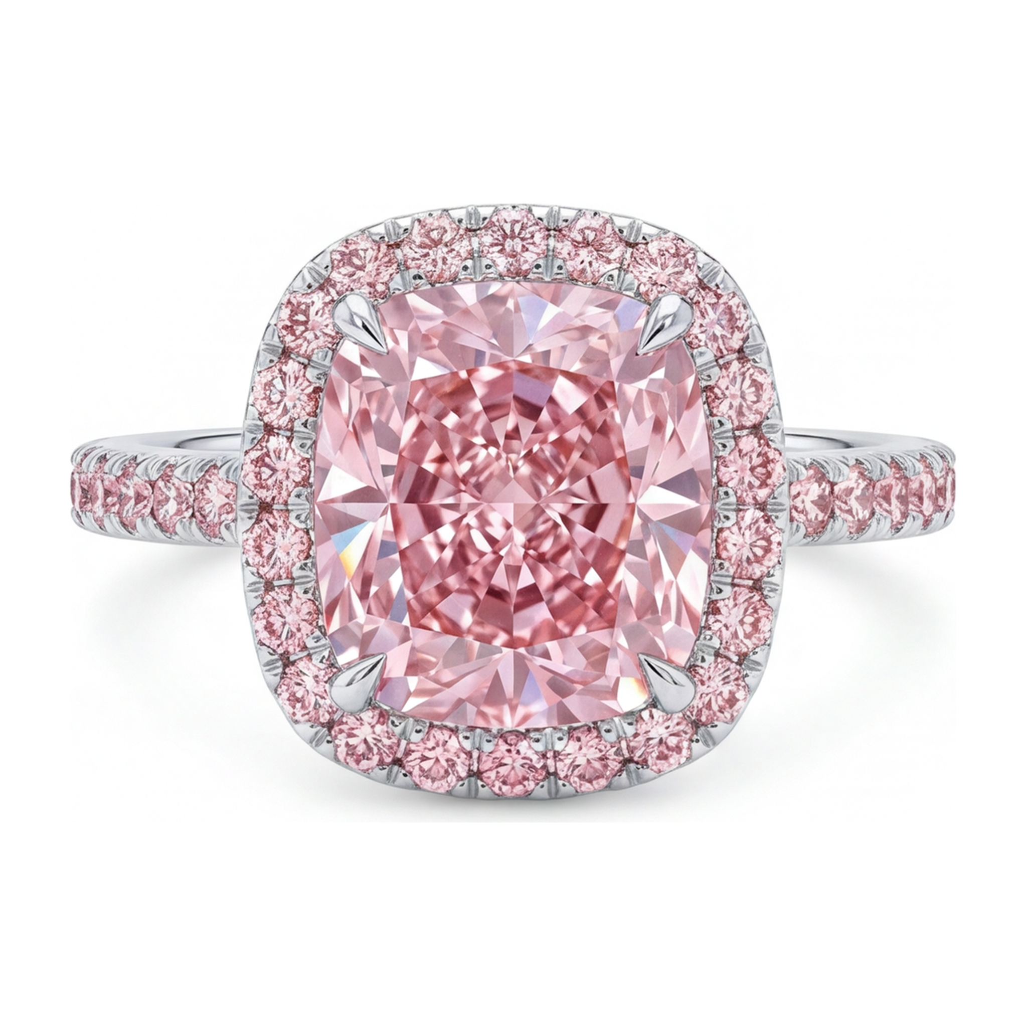 Lab Grown Pink Diamond Engagement Ring 6 Carat Cushion Halo Pave 14K White Gold