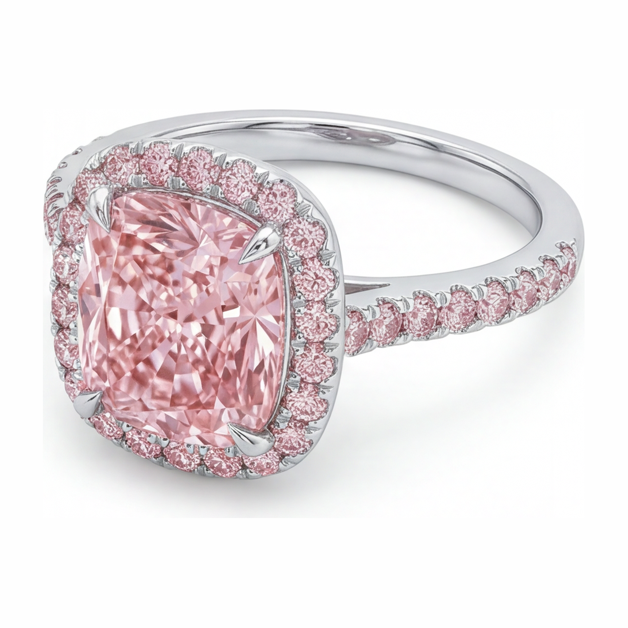 Lab Grown Pink Diamond Engagement Ring 6 Carat Cushion Halo Pave 14K White Gold