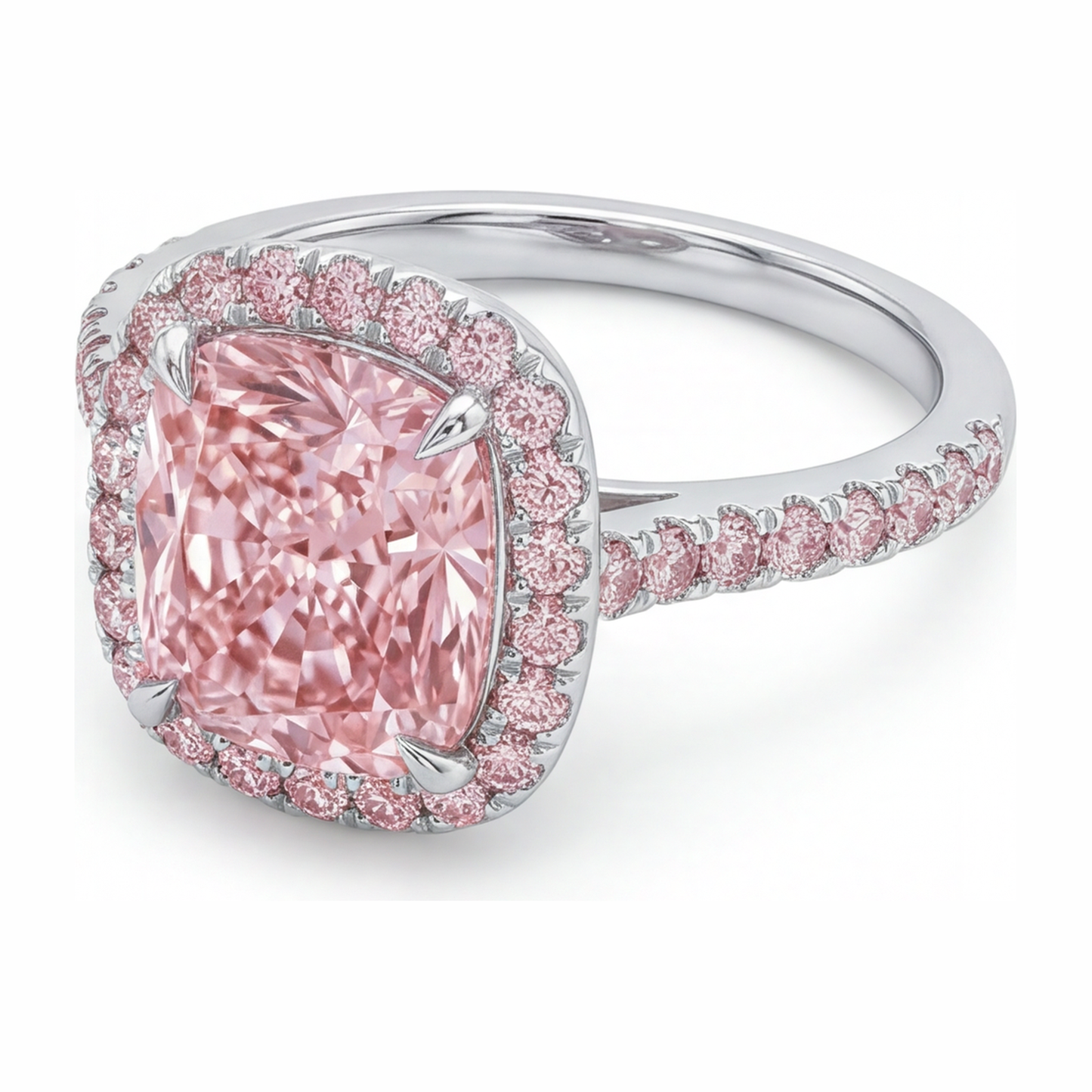 Lab Grown Pink Diamond Engagement Ring 6 Carat Cushion Halo Pave 14K White Gold