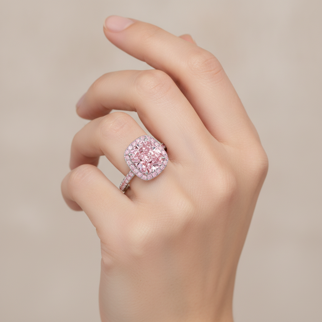 Lab Grown Pink Diamond Engagement Ring 6 Carat Cushion Halo Pave 14K White Gold