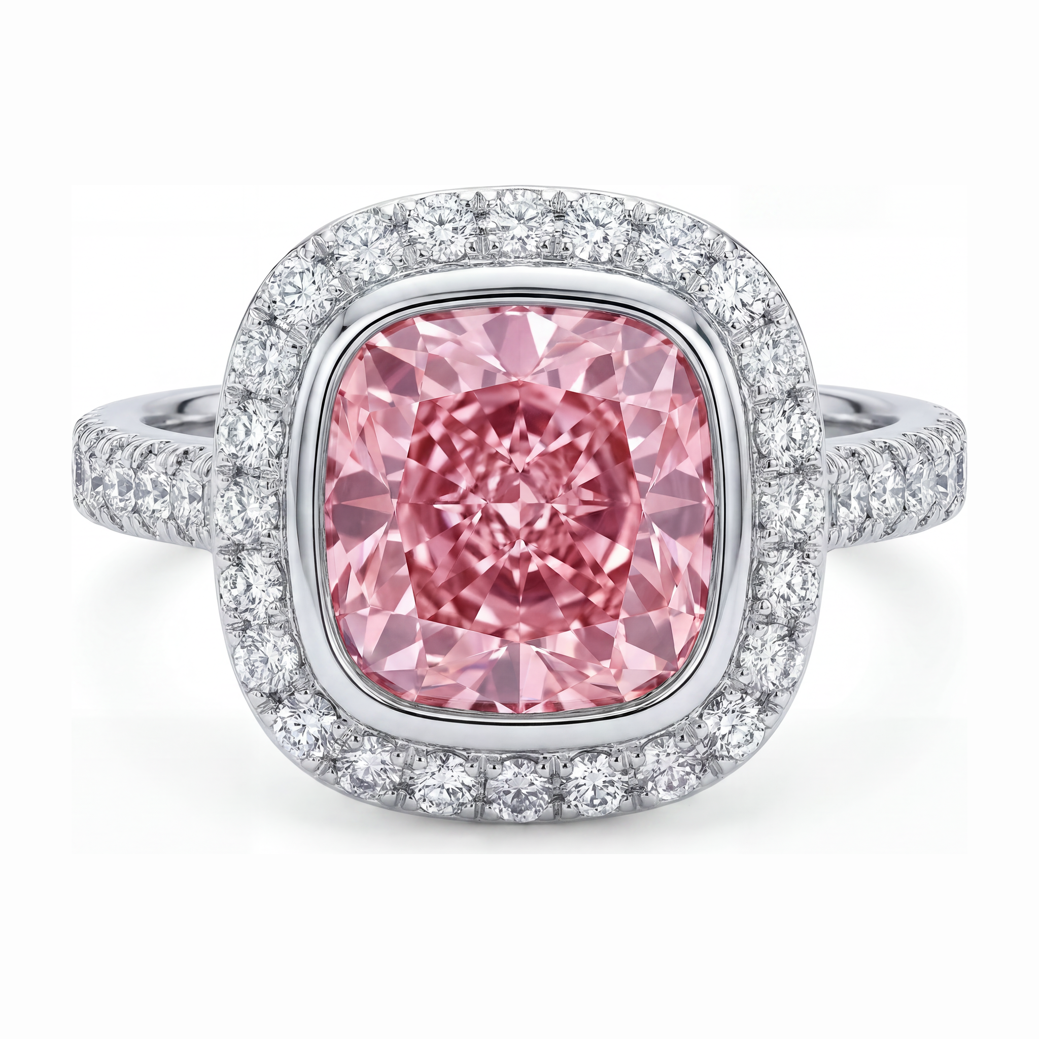 Pink Diamond Ring 6 Carat Lab Grown Cushion Halo Pave 14K White Gold