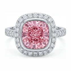 Pink Diamond Ring 6 Carat Lab Grown Cushion Halo Pave 14K White Gold
