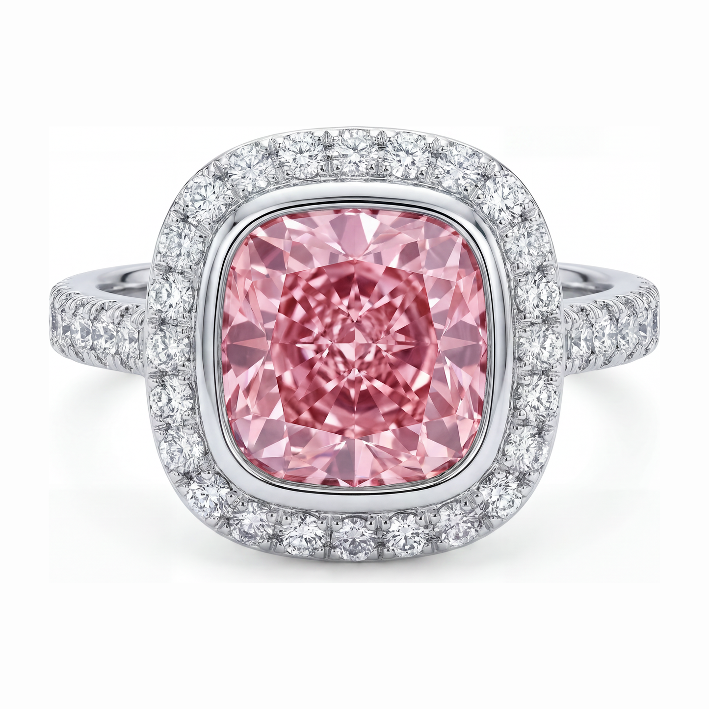 Pink Diamond Ring 6 Carat Lab Grown Cushion Halo Pave 14K White Gold