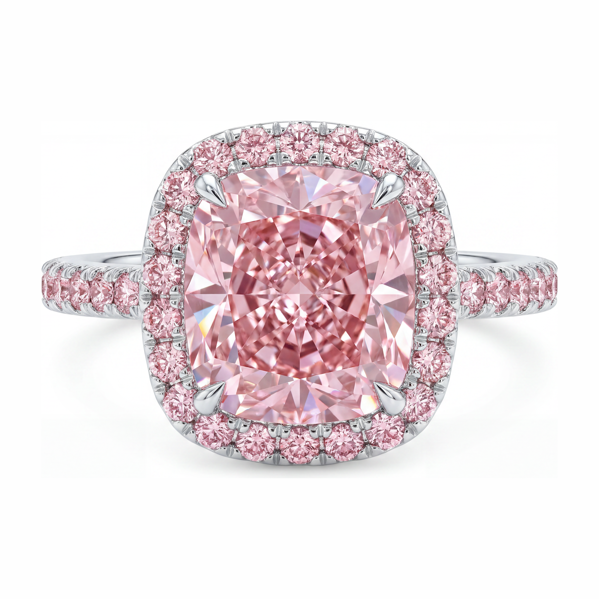 Lab Grown Pink Diamond Engagement Ring 6 Carat Cushion Halo Pave 14K White Gold