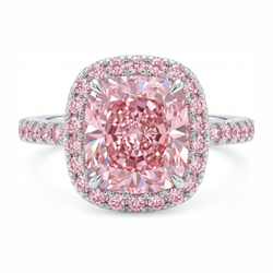 Lab Grown Pink Diamond Engagement Ring 6 Carat Cushion Halo Pave 14K White Gold