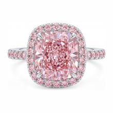 Lab Grown Pink Diamond Engagement Ring 6 Carat Cushion Halo Pave 14K White Gold