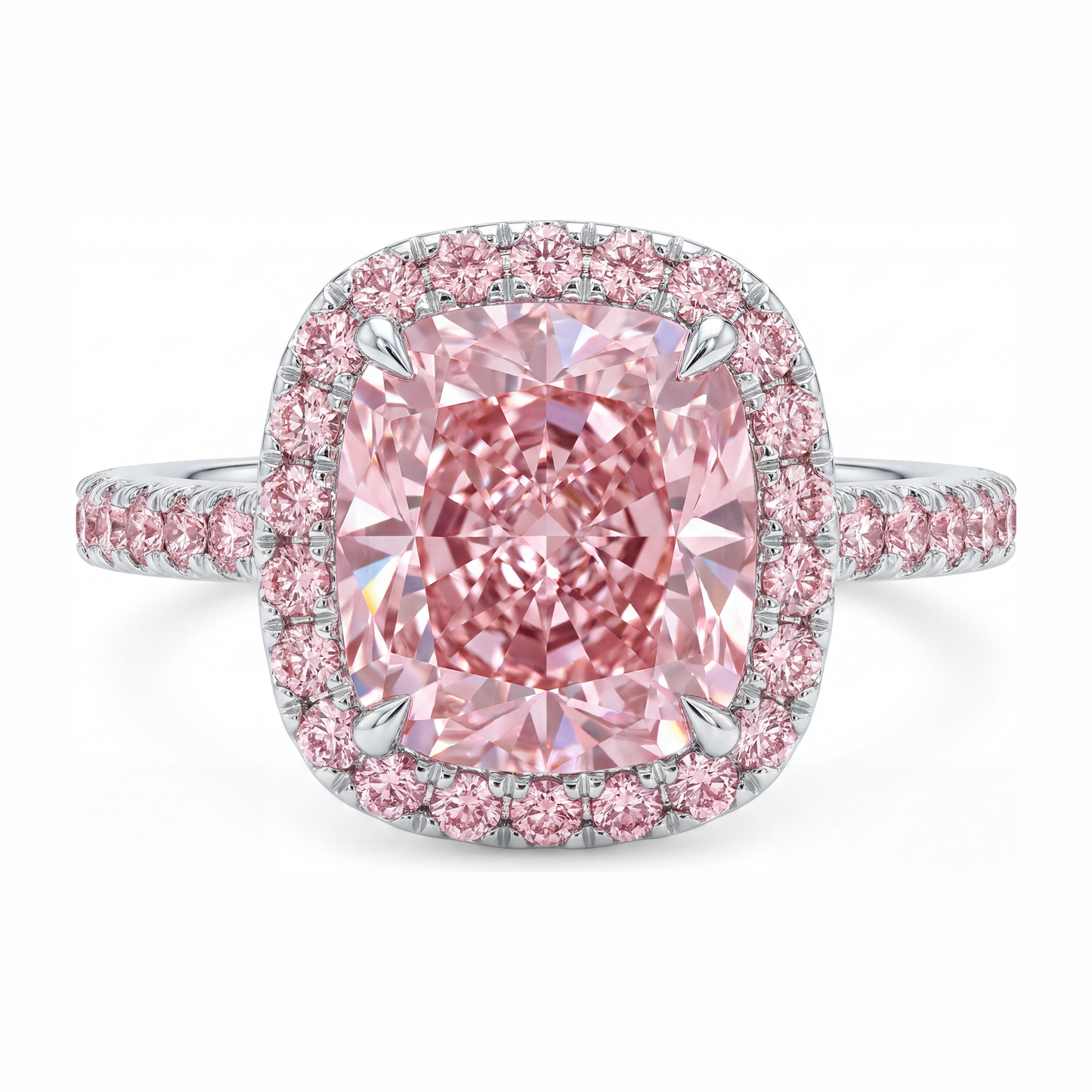 Lab Grown Pink Diamond Engagement Ring 6 Carat Cushion Halo Pave 14K White Gold