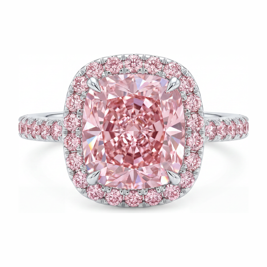 Lab Grown Pink Diamond Engagement Ring 6 Carat Cushion Halo Pave 14K White Gold