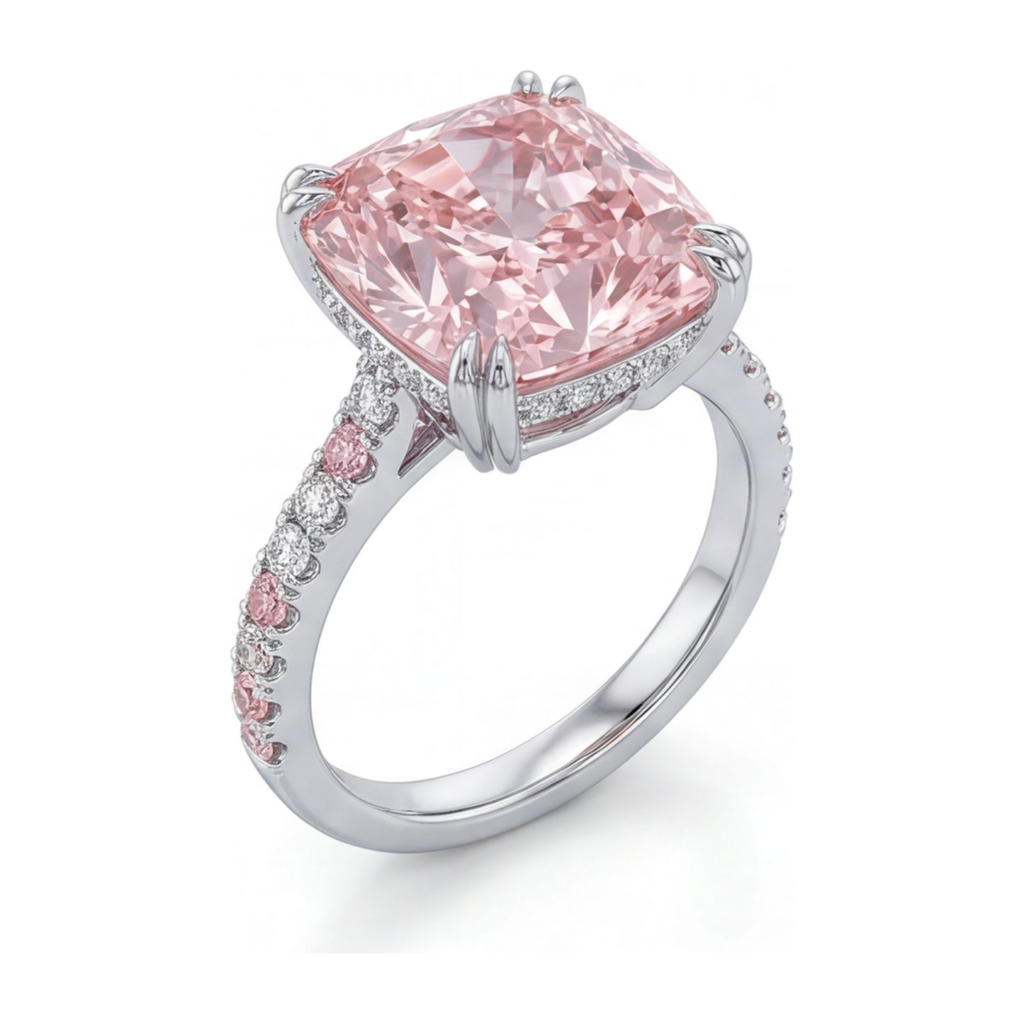 Pink Diamond Ring 6 Carat Lab Grown Cushion Pave 14K White Gold