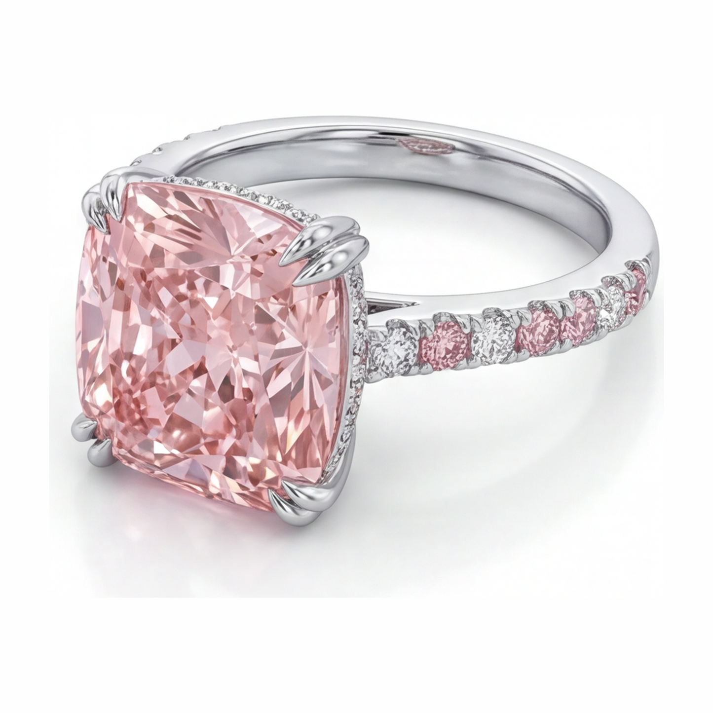 Pink Diamond Ring 6 Carat Lab Grown Cushion Pave 14K White Gold