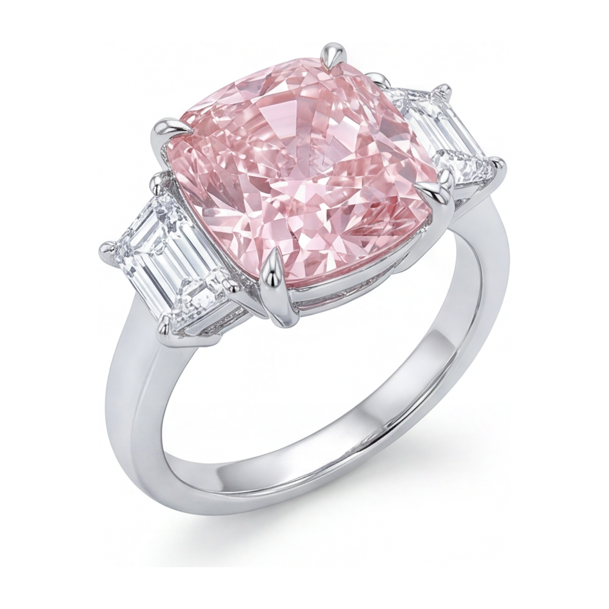 Pink Engagement Ring 6 Carat Lab Grown Cushion Diamond Three Stone 14K White Gold