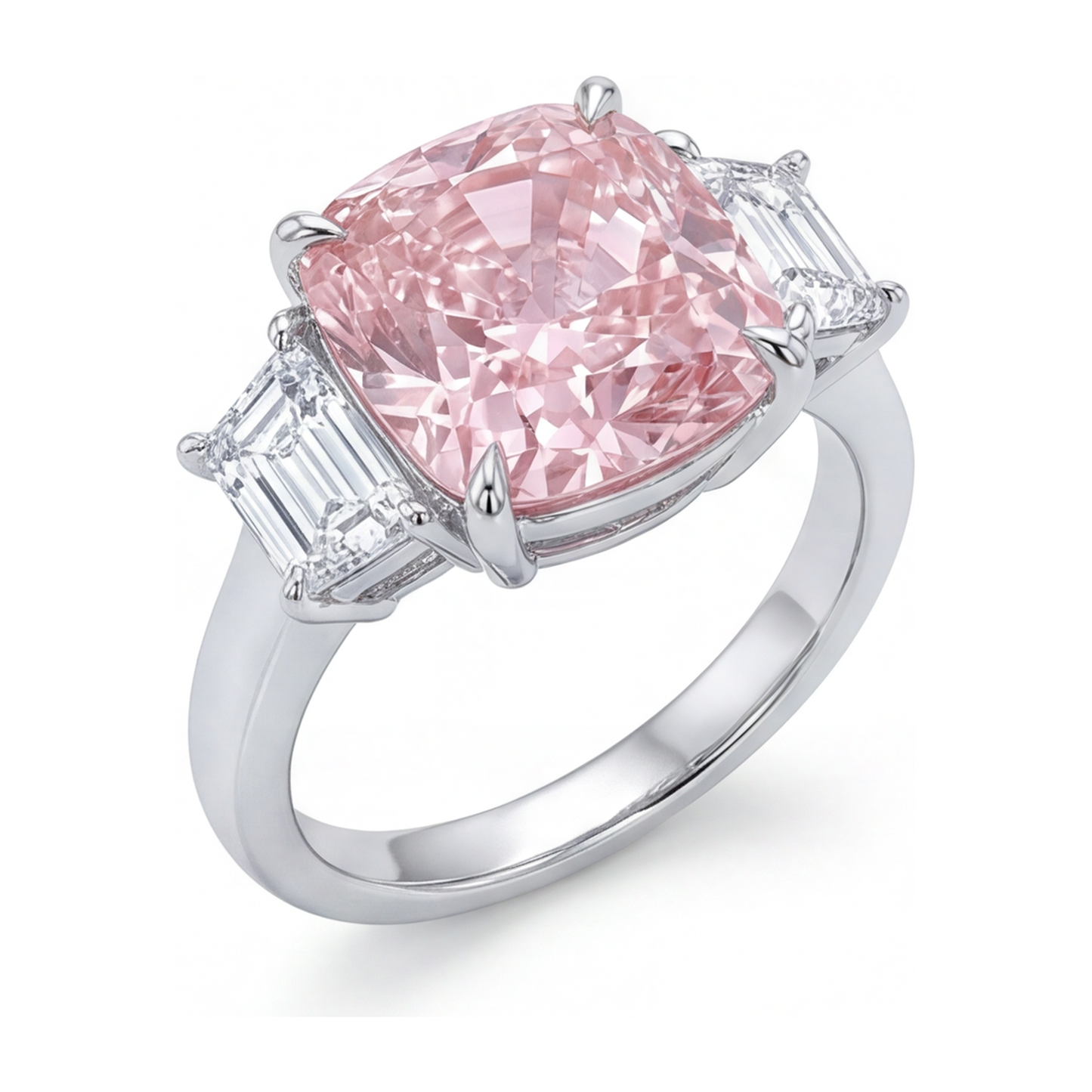 Pink Engagement Ring 6 Carat Lab Grown Cushion Diamond Three Stone 14K White Gold