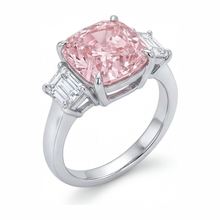 Pink Engagement Ring 6 Carat Lab Grown Cushion Diamond Three Stone 14K White Gold