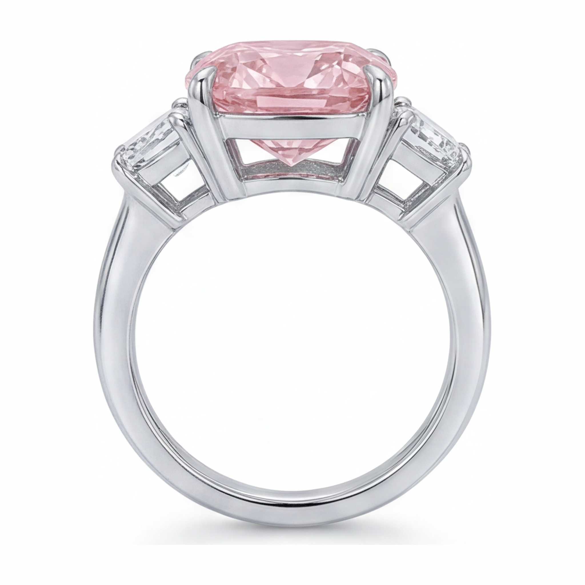 Pink Engagement Ring 6 Carat Lab Grown Cushion Diamond Three Stone 14K White Gold