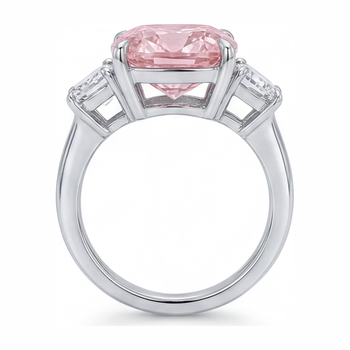 Pink Engagement Ring 6 Carat Lab Grown Cushion Diamond Three Stone 14K White Gold