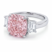 Pink Engagement Ring 6 Carat Lab Grown Cushion Diamond Three Stone 14K White Gold